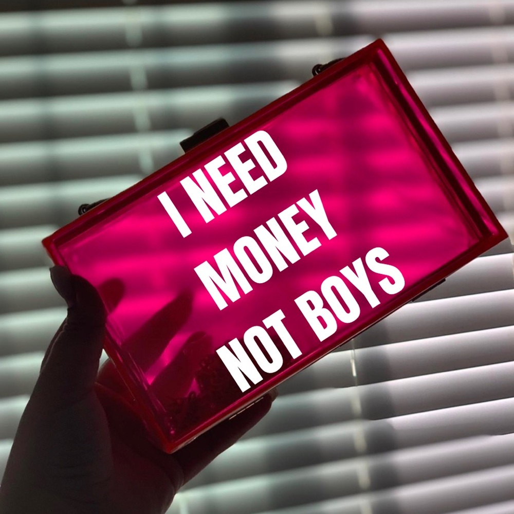 I need money not boys clear hot pink acrylic crossbody purse